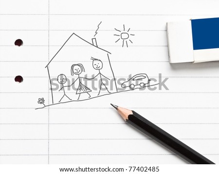 A family under a house sketched with pencil on a notebook