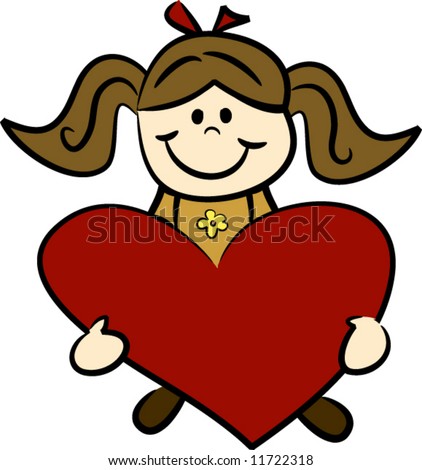 stock vector : Cute brunette cartoon girl holding a big red heart in her 