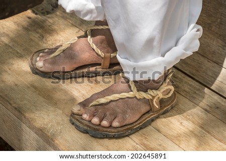 Close up view of Mexican farmer\'s feet This rough skin texture is the result of hard working farmers in Mexico. They use a special simple sandal called Huarache.