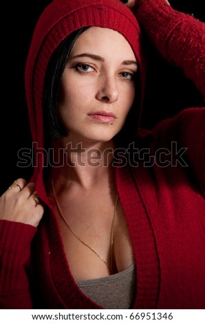 young female with red hoodie