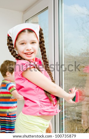 Children wash window