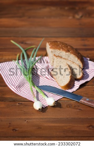 Rye bread, onion and knife on wood, outdoor. Focus on onion