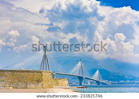 Suspension bridge crossing Corinth Gulf strait, Greece. Is the world\'s second longest cable-stayed brid