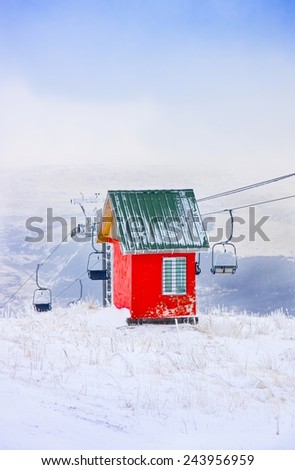 Red house and cable road, ski resort Tzahkadzor, Armenia