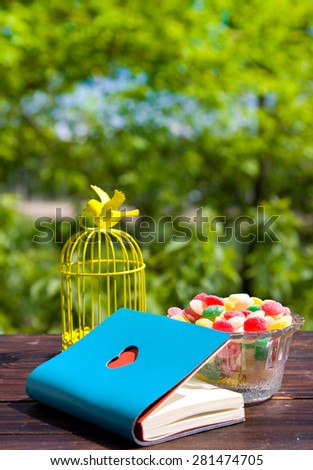 Decorative bird cage, book with heart and candy
