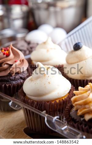 Close up of some decadent gourmet cupcakes frosted with a variety of frosting flavors. Shallow depth of field.