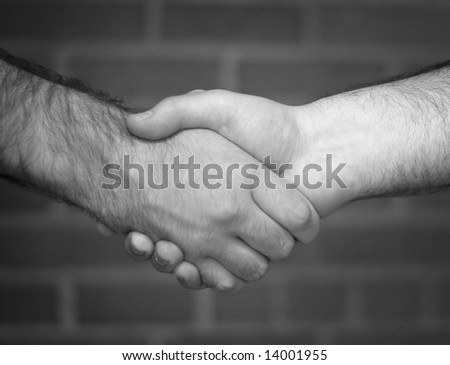 A black and white handshake in front of a brick wall backdrop.