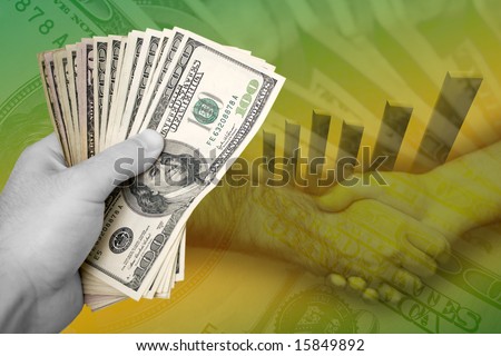 Handful of cash, profit chart, and a firm handshake.  A great image to denote profits or successful business dealings.