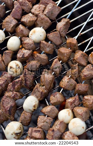 Beef shish kebab skewers cooking over a hot camp fire.