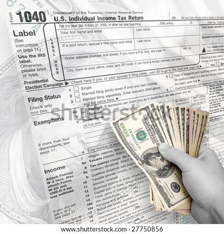A tax time themed montage for US taxpayers with a hand full of money fanned out.