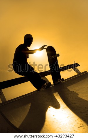 Silhouette of a young skateboarder at the top of a ramp at the skate park in a warm sepia tone.