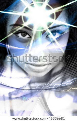 An abstract montage of a beautiful  woman with a star burst coming from her forehead.