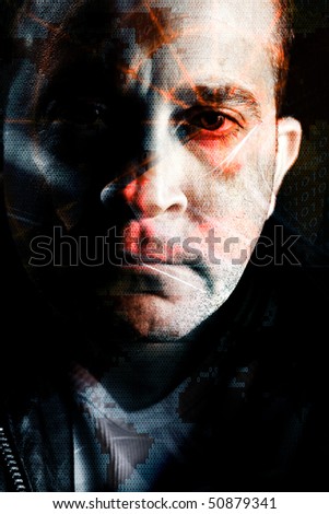 Abstract montage of a computer hacker with a radar grid and binary code overlaying his eye.