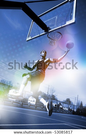 A basketball player drives to the hoop for a slam dunk with abstract rainbow lens flare and halftone effects.