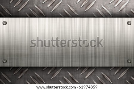 Worn diamond plate metal texture with a brushed aluminum plate riveted to it.  Makes a great layout or business card template.