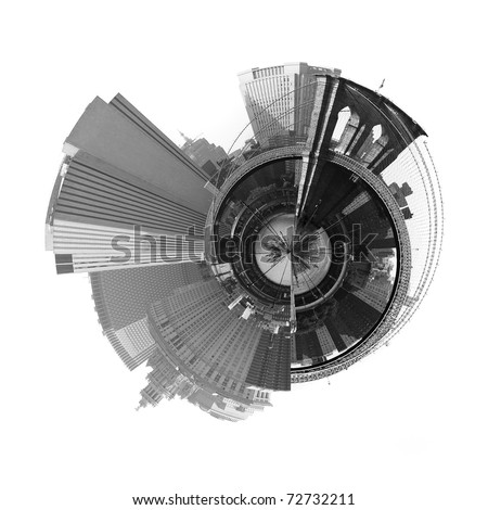 A three dimensional 360 degree mini planet style panoramic image of New York City including the Brooklyn bridge and the Manhattan skyline. A three dimensional 360 degree mini planet style panoramic image of New York City including the Brooklyn bridge and the Manhattan skyline.