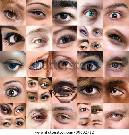 A variety of square cropped eyeball close ups with both male and female eyes.