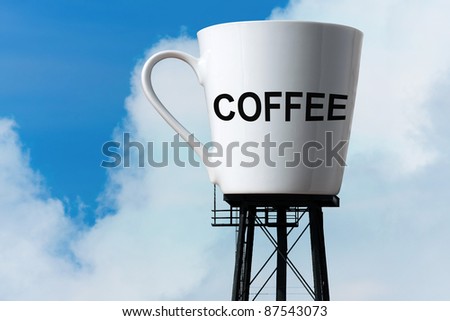 Conceptual image of a large supply of coffee in the form of a coffee mug atop water tower stilts.  A funny concept for caffeine addiction or coffee lovers.