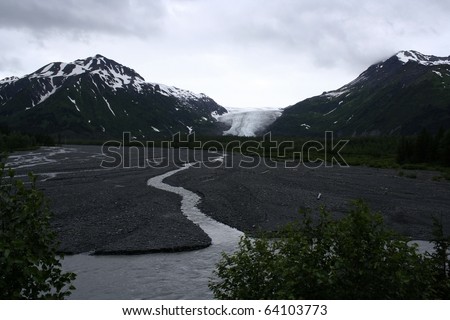 Exit Glacier, The Exit glacier flawing down the valley as it melts. Taken at Kenai Mountains, Kenai Peninsula, Alaska, USA.