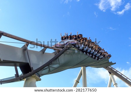 Osaka, Japan - April 22: Roller coaster in Universal Studios Theme Park in Osaka, Japan on - April 22, 2015. The theme park has many attractions based on the film industry.
