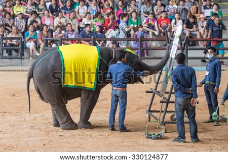 PATTAYA, THAILAND - OCT,17: Daily elephant painting \
show at The Nongnuch Garden ,  Oct 17,2015 in \
Pattaya, Thailand.