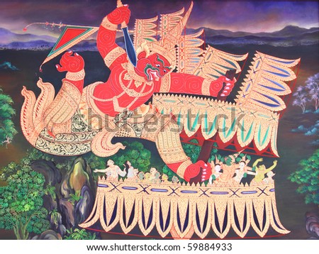 red giant in traditional Thai style art painting on temple\'s wall (Ramayana story).
