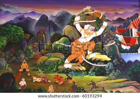 Traditional Thai style art painting on temple's wall (Ramayana story)