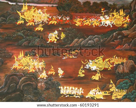 Traditional Thai style art painting on temple\'s wall (Ramayana story)