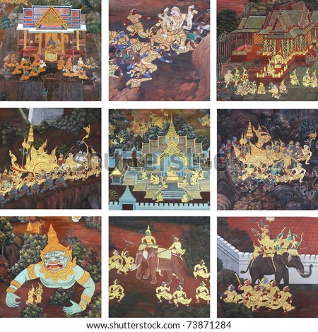 set of traditional Thai style art painting on royal palace temple's wall (Ramayana story)