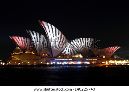 SYDNEY, AUSTRALIA - MAY 25: Sydney Opera House shown during Vivid Sydney: A Festival of Light, Music & Ideas on May 25, 2013 in Sydney, Australia.