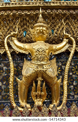 The statue garuda fairy tale animal of thai buddhist in the temple wall at wat prakeaw temple in bangkok, Thailand