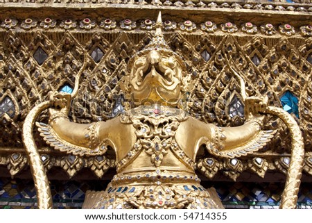 The statue garuda fairy tale animal of thai buddhist in the temple wall at wat prakeaw temple in bangkok, Thailand