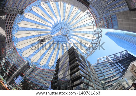 BERLIN, GERMANY - MAY 15: The Sony Center ceiling in a low angle fish eye view on May 15, 2013 in Berlin, Germany. The Sony Center is a Sony-sponsored building complex located at the Potsdamer Platz