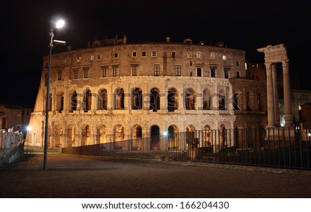 Night view of the Theatrum of Marcellus, ancient open-air theater in Rome, Italy