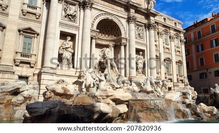The famous Trevi Fountain in Rome, with two tritons taming the sea horses hippocamp, and goddesses Abundance and Health standing on the two sides of Oceanus
