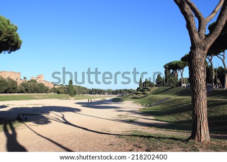 ROME, ITALY - AUGUST 17, 2014:  People in The Circus Maximus, ancient Roman chariot racing stadium located in the valley between the Aventine and Palatine hills