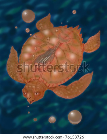 sea turtle cartoon. sea turtle with a little