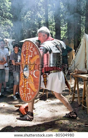 VAL VENY, ITALY - JULY 2: Fabio Sagitta Barbarica disguised as ancient Roman soldier at \