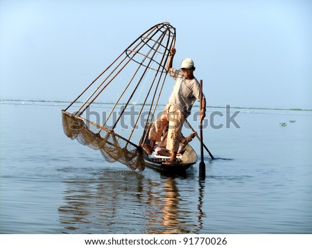 INLE LAKE, MYANMAR- OCT 19:Local fishermen fish for food on Oct. 19, 2010 in Inle Lake, Myanmar. Fishermen here are known for practicing a distinctive rowing style with their feet.