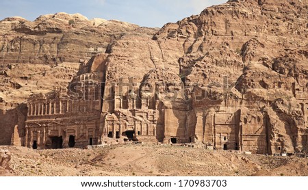 Ancient architecture in the rock. Travel on the territory of the ancient city of Petra, Jordan. 01.01.2014.