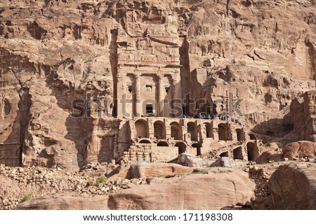 Ancient architecture in the rock. Travel on the territory of the ancient city of Petra, Jordan. 01.01.2014.