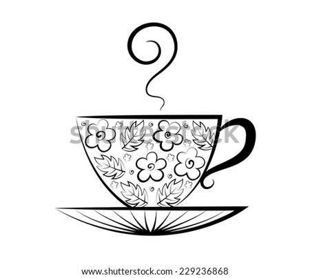 Vector Drawing Of Cup On Saucer. Cup Of Tea. Coffee Cup. Flower And