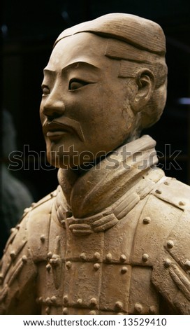 Sculptural terracotta head of the ancient Chinese soldier in profile
