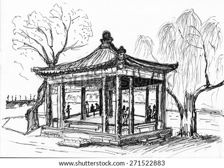 hand draw chinese building,garden building,on paper