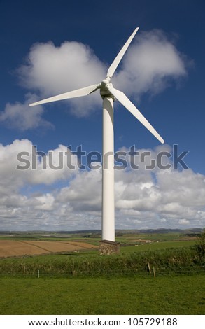 Wind turbine against the blue sky. This is in Cornwall.