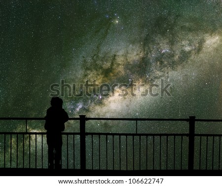 A child looks into space and the Milky way. Long exposure photograph from an astronomical observatory site.