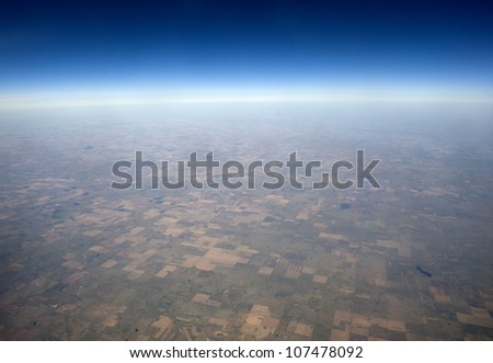 High altitude view of the Earth in space. The Great Plains in the western United States.