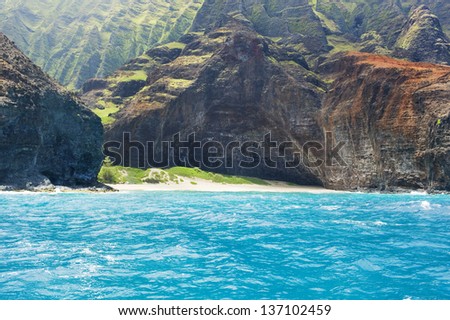 The Na Pali coast of the Hawaiian island of Kauai from the sea.