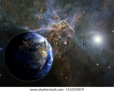 The Earth, with lights visible on the night side, against the Carina nebula. Elements of this image furnished by NASA.