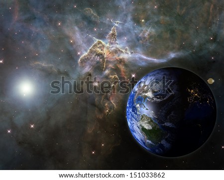 The Earth, with lights visible on the night side, against the Carina nebula. Elements of this image furnished by NASA.